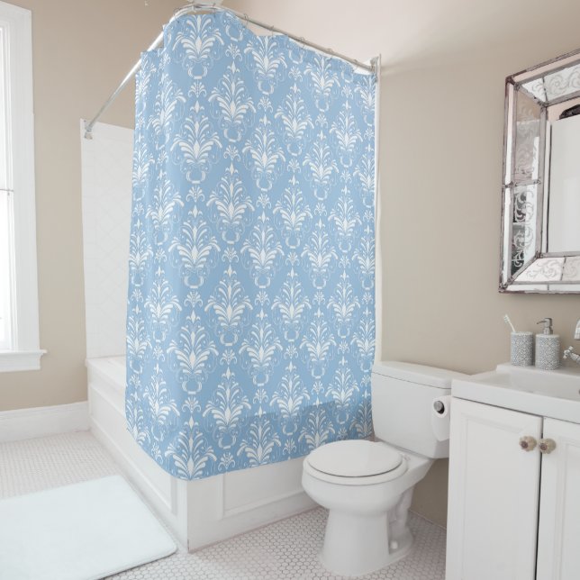 Elegant Blue Damask Shower Curtain (In Situ)
