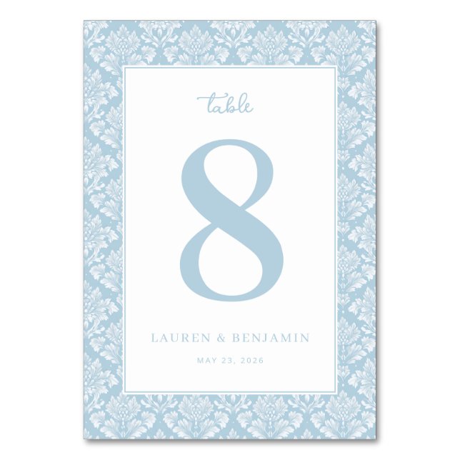 Elegant Blue Damask Table Number (Front)