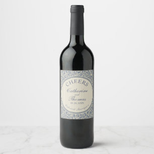 Elegant Blue Damask Wedding Cheers Wine Label