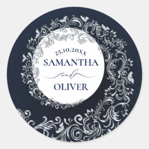 Elegant Blue Damask Wedding Classic Round Sticker