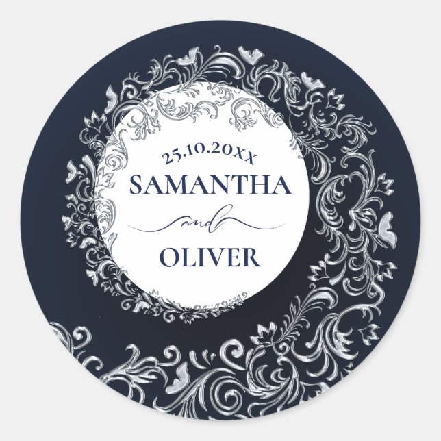 Elegant Blue Damask Wedding Classic Round Sticker (Front)