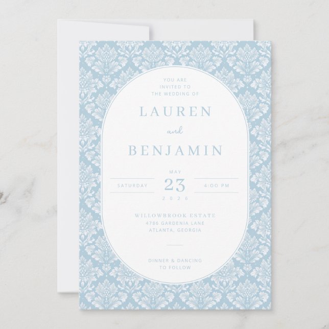 Elegant Blue Damask Wedding Invitation (Front)