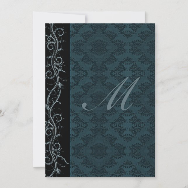 Elegant Blue Damask Wedding Invitation (Front)