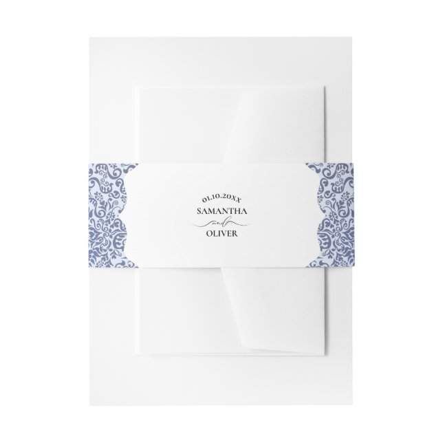Elegant Blue Damask Wedding Invitation Belly Band (Front Example)