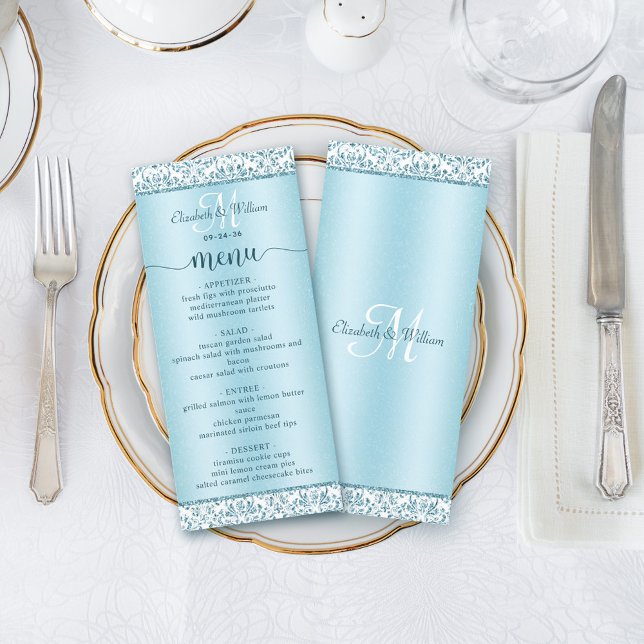 Elegant Blue Damask Wedding Menu  (Creator Uploaded)