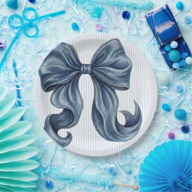 Elegant Blue Denim Bow  Paper Plate (Party)