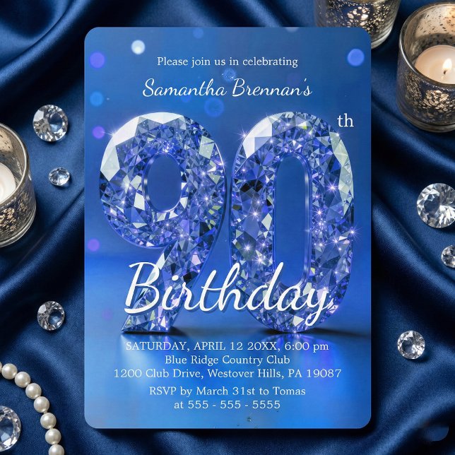 Elegant Blue Diamond Gemstone Glamour 90th Party Invitation (Creator Uploaded)
