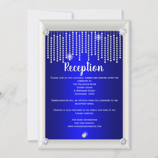 Elegant Blue Diamonds and Pearls Wedding Reception Invitation (Front)