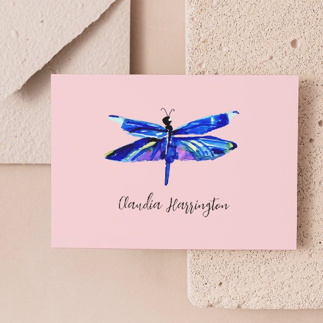 Elegant Blue Dragonfly Pink Hand-Drawn Watercolor  Note Card (This hand-drawn watercolor blue dragonfly pops against a pastel pink background.)
