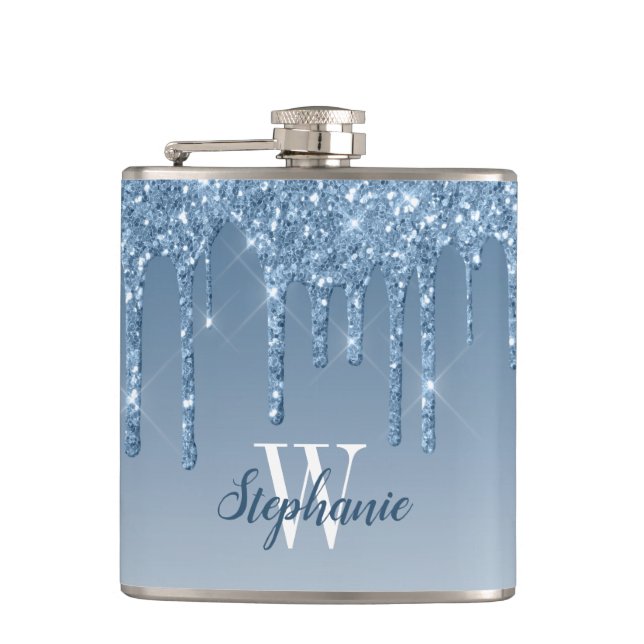 Elegant Blue Dripping Faux Glitter Monogram Hip Flask (Front)