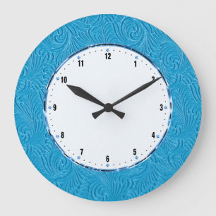 Elegant Blue Embossed Floral Damasks Large Clock