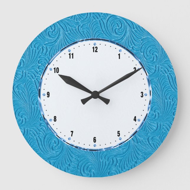 Elegant Blue Embossed Floral Damasks Large Clock (Front)