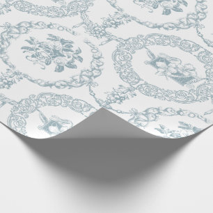 Elegant Blue Engraved Floral Medallions and Swags Wrapping Paper