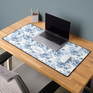 Elegant Blue Engraved Floral Name/Monogram Desk Mat