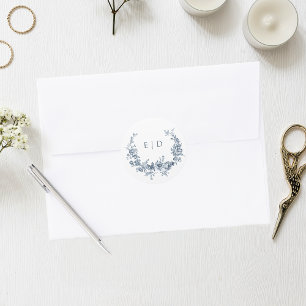 Elegant Blue Engraved Floral Wreath w/Monogram Classic Round Sticker