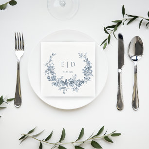 Elegant Blue Engraved Floral Wreath w/Monogram Napkin