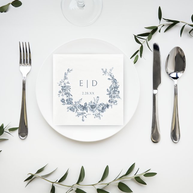 Elegant Blue Engraved Floral Wreath w/Monogram Napkin (Creator Uploaded)