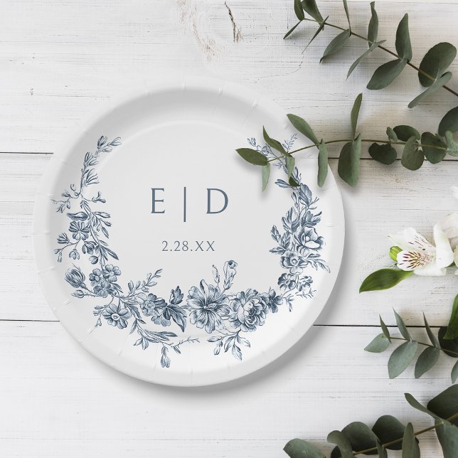Elegant Blue Engraved Floral Wreath w/Monogram Paper Plate (Creator Uploaded)