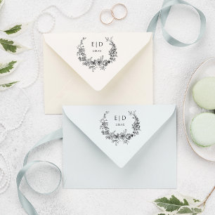 Elegant Blue Engraved Floral Wreath w/Monogram Rubber Stamp