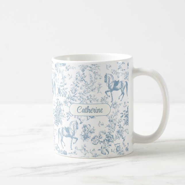 Elegant Blue Equestrian Floral Toile Name Coffee Mug (Right)