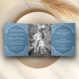 Elegant Blue Ethnic Indian Arch Wedding Photo Tri-Fold Invitation