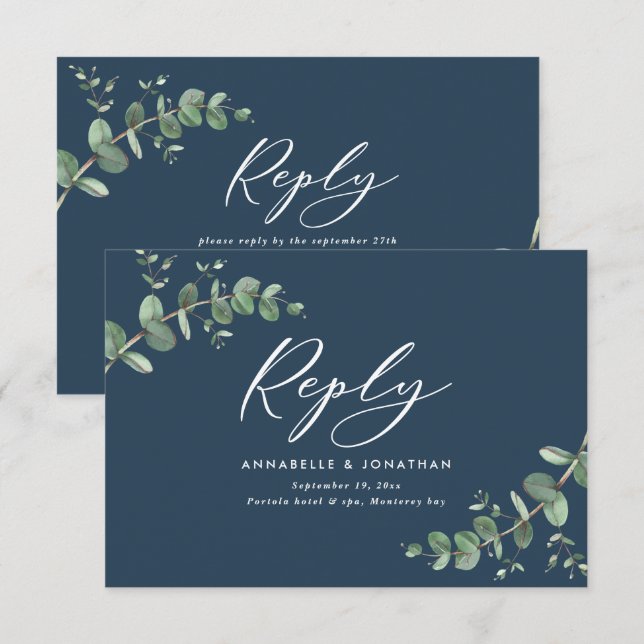 Elegant blue Eucalyptus Greenery Wedding RSVP Card (Front/Back)