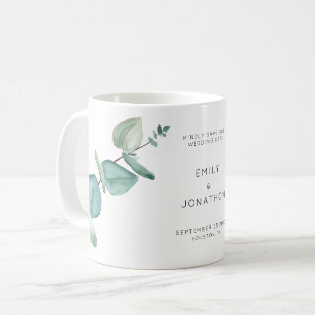 Elegant Blue Eucalyptus Leaves Save The Date Coffe Coffee Mug (Front Left)
