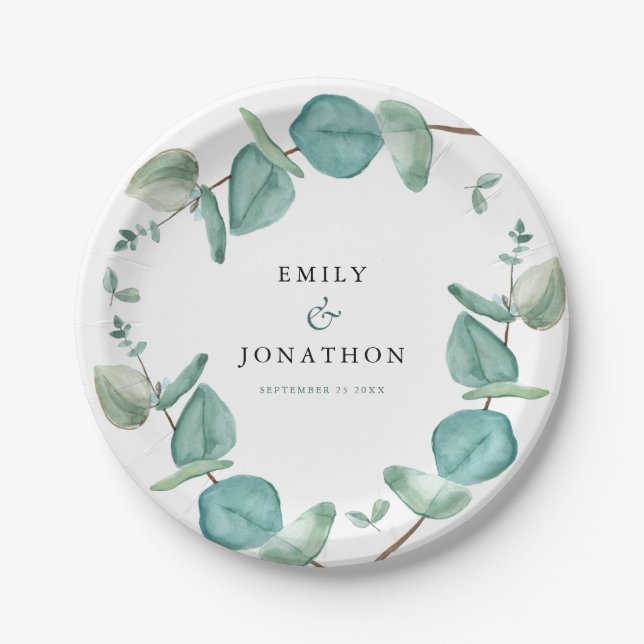 Elegant Blue Eucalyptus Names Date Wedding Paper Plate (Front)