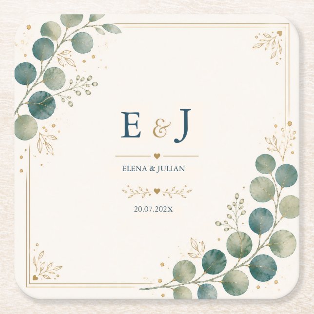 Elegant Blue Eucalyptus  Square Paper Coaster (Front)