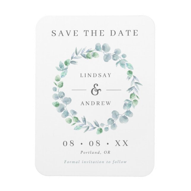Elegant Blue Eucalyptus Wreath Save the Date Magnet (Vertical)