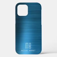 Elegant Blue Faux Brushed Metal Monogram