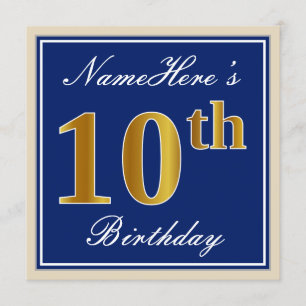 Elegant, Blue, Faux Gold 10th Birthday + Name Invitation