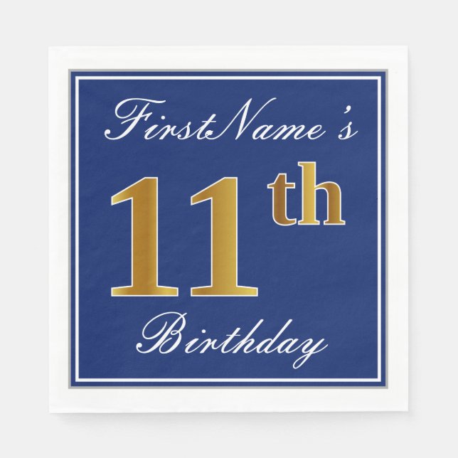 Elegant Blue, Faux Gold 11th Birthday; Custom Name Napkin (Front)