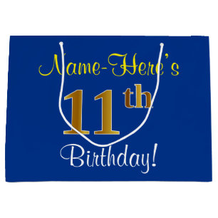 Elegant, Blue, Faux Gold 11th Birthday + Name Large Gift Bag
