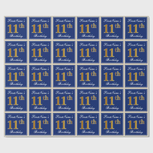 Elegant, Blue, Faux Gold 11th Birthday + Name Wrapping Paper