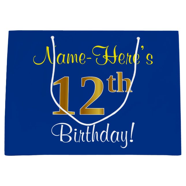 Elegant, Blue, Faux Gold 12th Birthday + Name Large Gift Bag (Front)