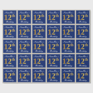 Elegant, Blue, Faux Gold 12th Birthday + Name Wrapping Paper