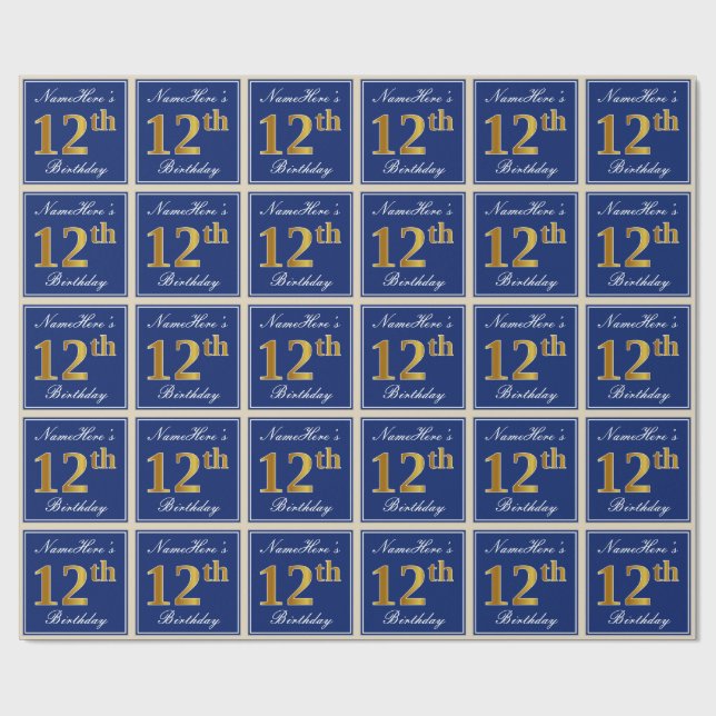 Elegant, Blue, Faux Gold 12th Birthday + Name Wrapping Paper (Flat)