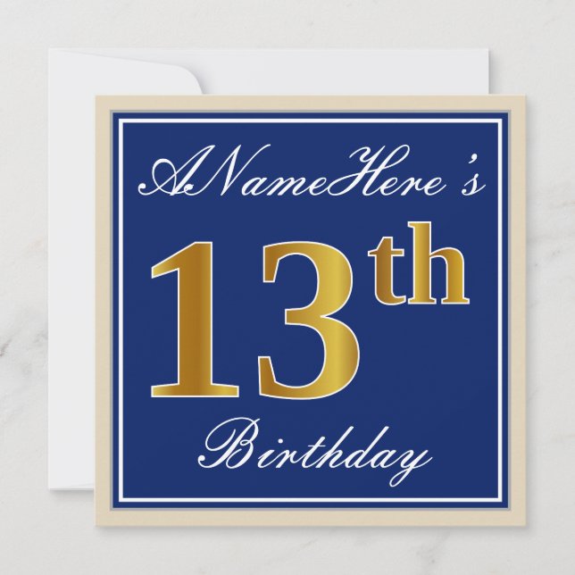 Elegant, Blue, Faux Gold 13th Birthday + Name Invitation (Front)