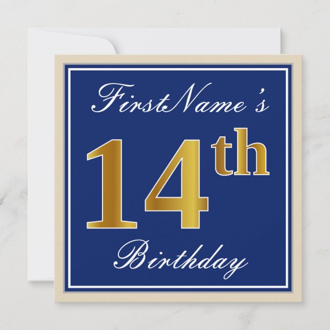 Elegant, Blue, Faux Gold 14th Birthday + Name Invitation (Front)