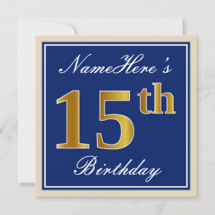 Elegant, Blue, Faux Gold 15th Birthday + Name Invitation