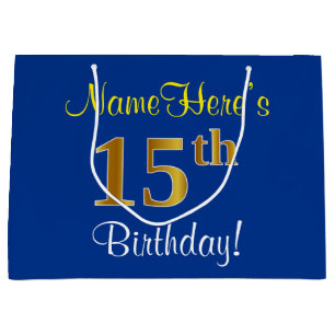 Elegant, Blue, Faux Gold 15th Birthday + Name Large Gift Bag