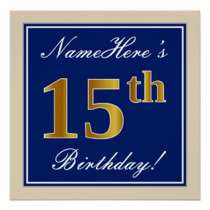 Elegant, Blue, Faux Gold 15th Birthday + Name Poster