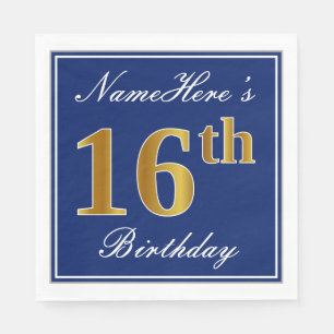 Elegant Blue, Faux Gold 16th Birthday; Custom Name Napkin