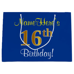 Elegant, Blue, Faux Gold 16th Birthday + Name Large Gift Bag