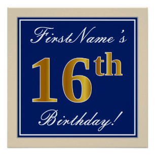 Elegant, Blue, Faux Gold 16th Birthday + Name Poster
