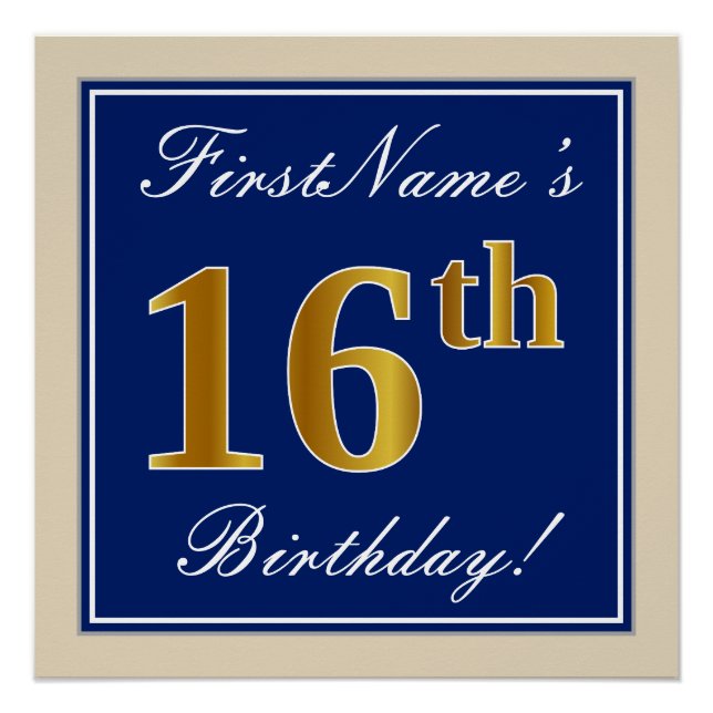 Elegant, Blue, Faux Gold 16th Birthday + Name Poster (Front)