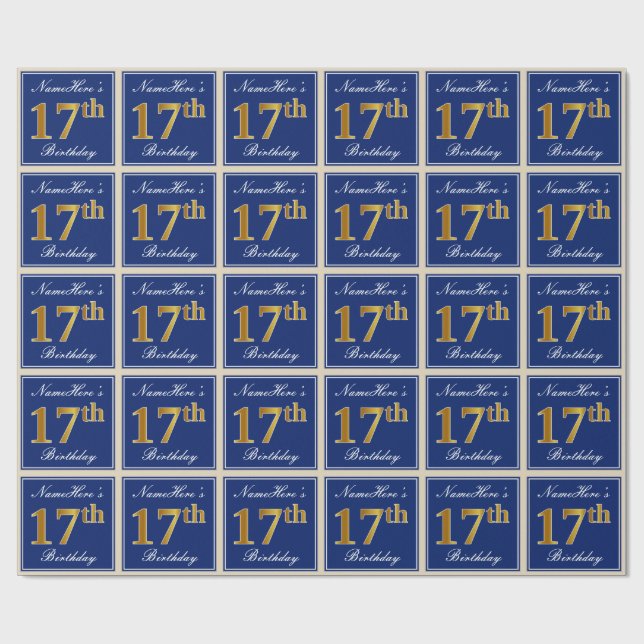 Elegant, Blue, Faux Gold 17th Birthday + Name Wrapping Paper (Flat)