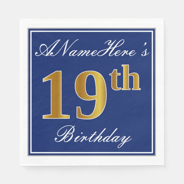 Elegant Blue, Faux Gold 19th Birthday; Custom Name Napkin (Front)
