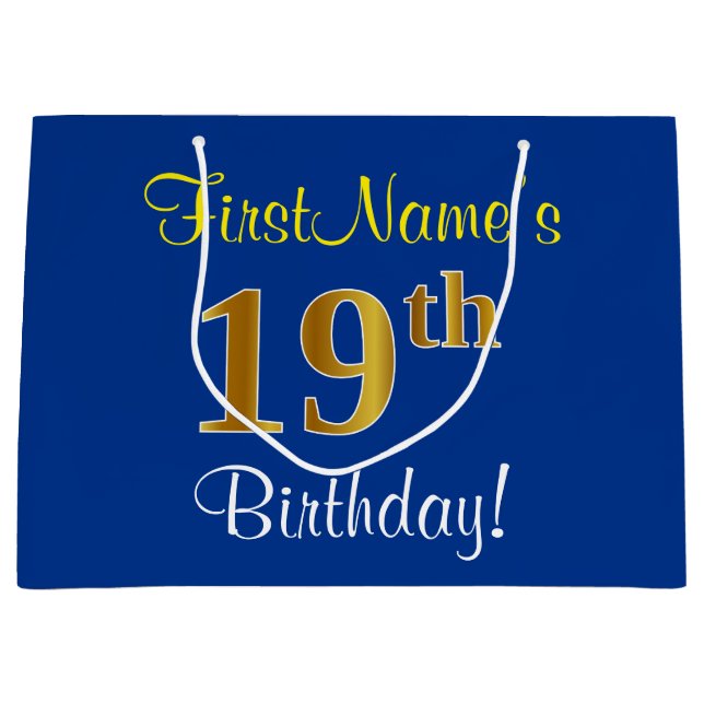 Elegant, Blue, Faux Gold 19th Birthday + Name Large Gift Bag (Front)